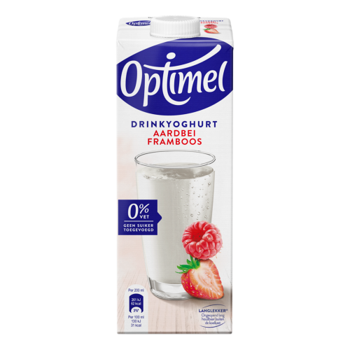 Optimel Langlekker Drinkyoghurt aardbei framboos 0% vet 1L